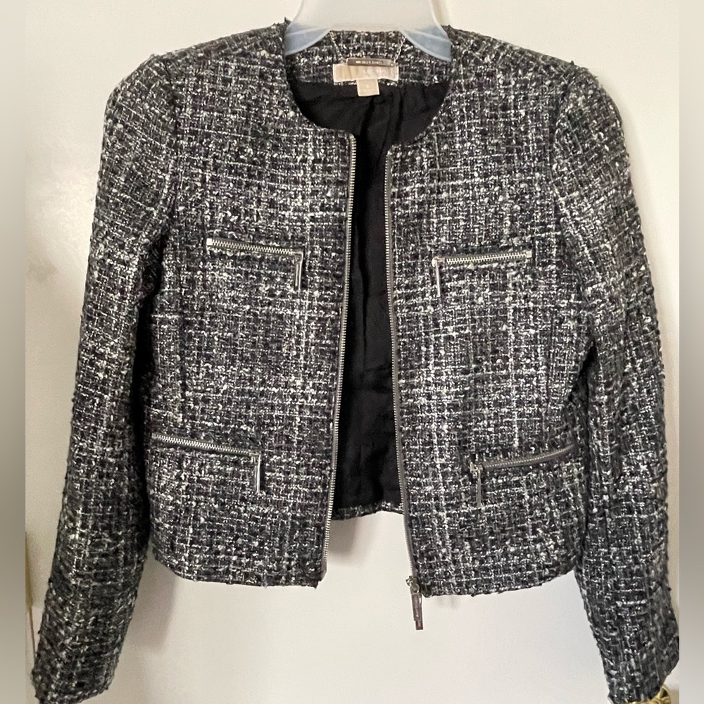 Michael Kors Bkack Gray Tweed Wool Blend Jacket Size 6
